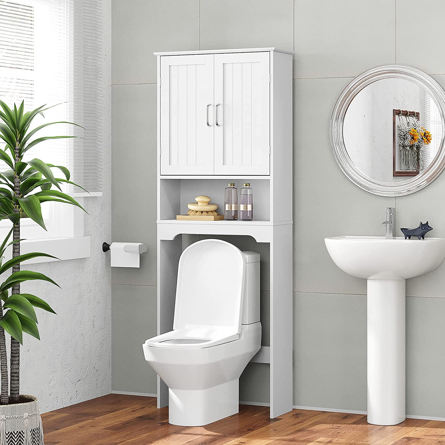 Over The Toilet Storage Cabinet with Double Tempered Glass Doors - Color: White