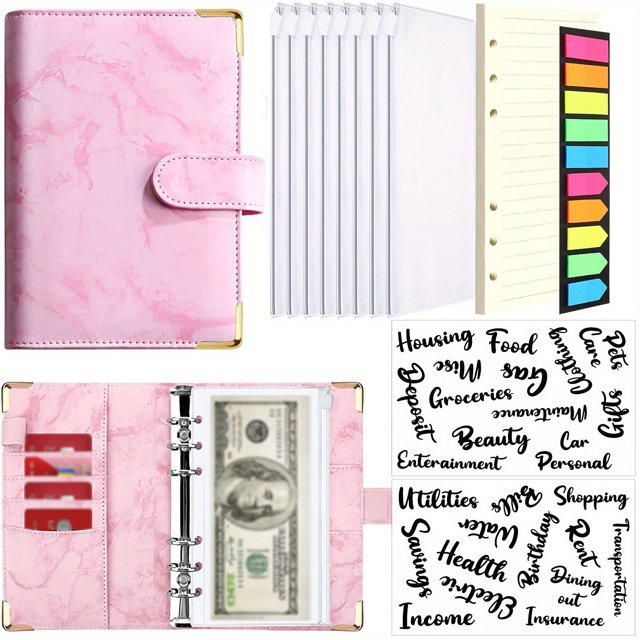 Stay Organized & Save Money: Marble A6 Budget Binder with 8 Cash Envelopes, 40