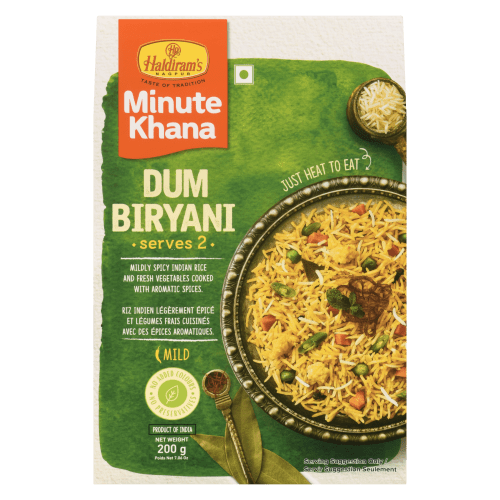 Haldiram RTE Dum Biryani, Dum Biryani is an aromatic, iconic rice dish beloved by Indians across the globe. The Haldiram’s Ready-To-Eat Dum Biryani is delicately flavoured with a blend of aromatic spices, cooked with fresh vegetables and steamed basmati rice.   Haldiram’s Recommendation: Serve hot, topped with carameliz