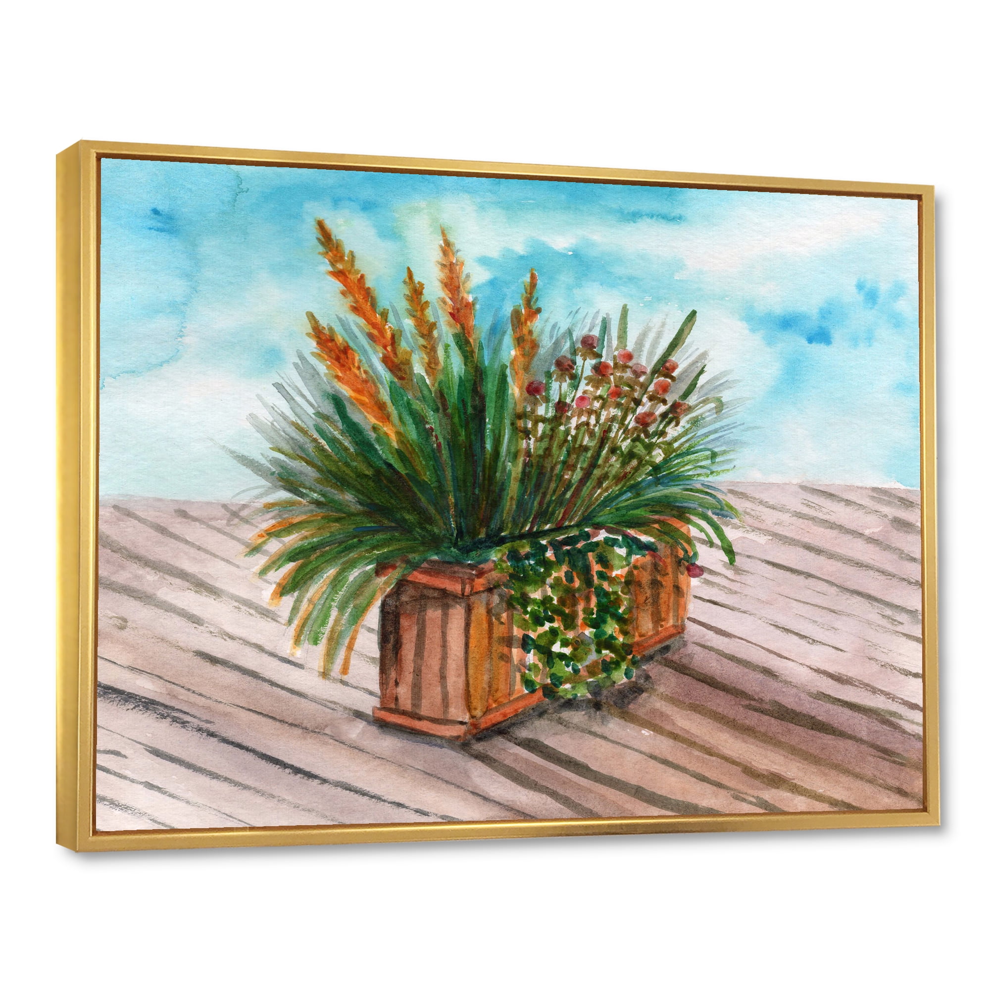 Designart 'Green Stems With Yellow Spikelets of Houseplant' Traditional Framed Canvas Wall Art Print