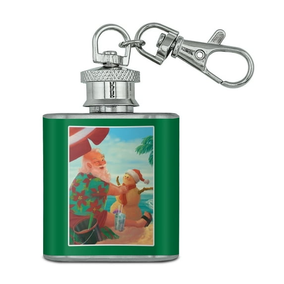 Christmas Holiday Santa Claus Beach Vacation Stainless Steel 1oz Mini Flask Key Chain