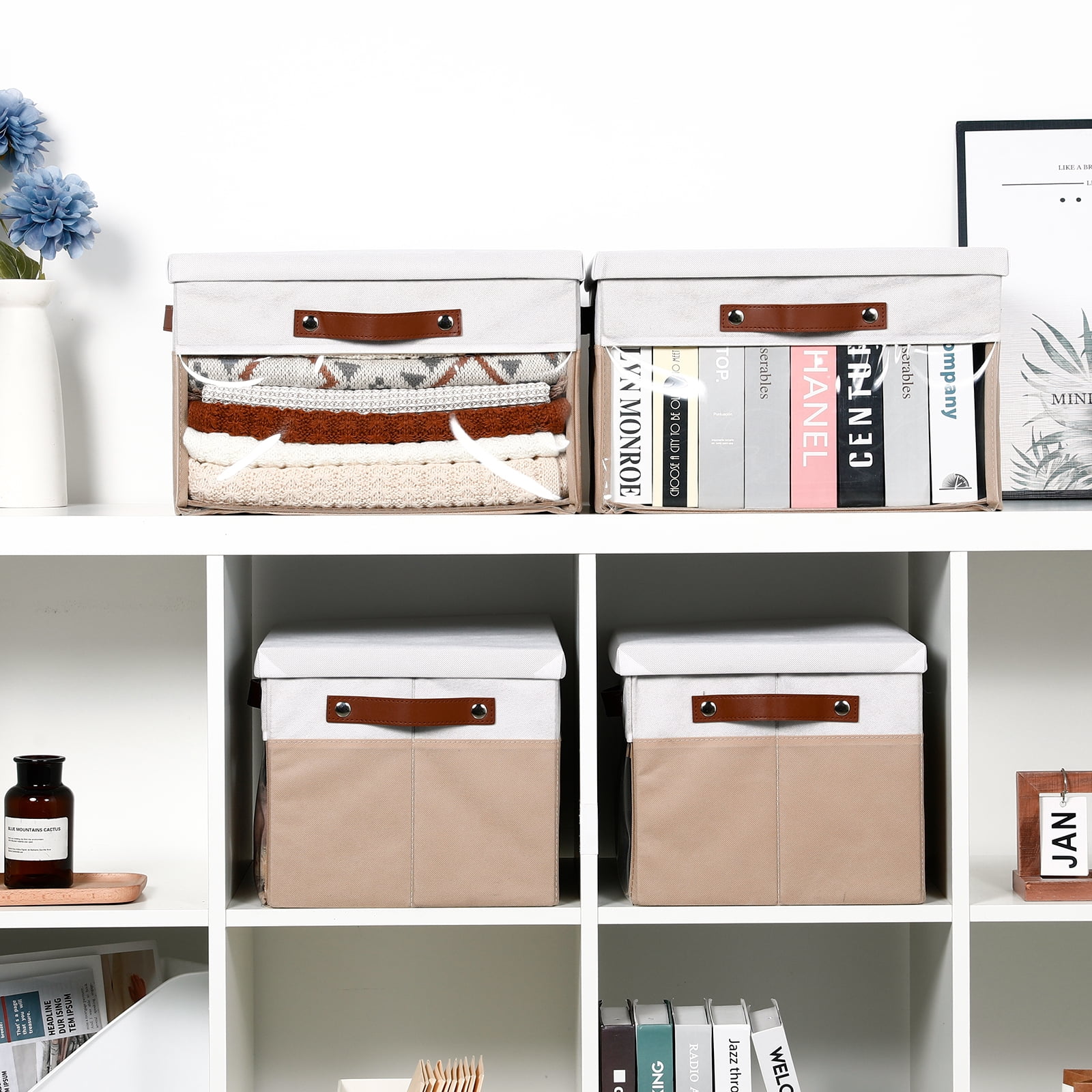 Bidtakay Collapsible Storage Bins with Lid 15 x 11 x 9.7 inch 4-Pack Fabric Closet Organizer with Clear Window Storage Baskets for Shelves Organization (White&Beige)