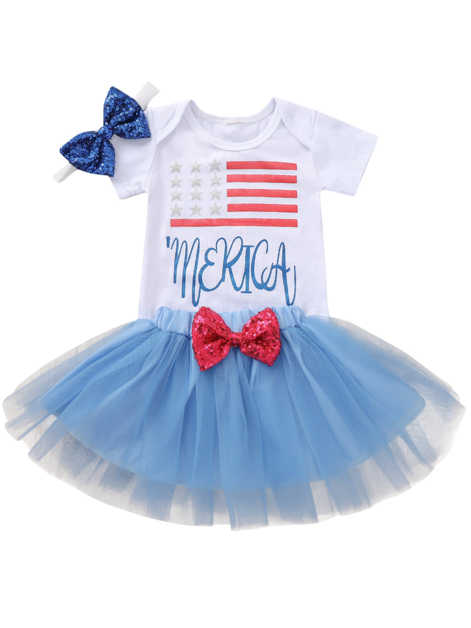 Baby Girls My 1st 4th of July Outfits Short Sleeve Romper+Tutu Skirt+Headbands+Warm Leggings 4PCS Clothes Set