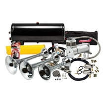 Kleinn Air Horns HK8 Pro Blaster Triple Air Horn Kit; Three Chrome-plated Spun Copper Trumpets; 17.5 in./15.5 in./11.5 in. L; 150 PSI; 3 Gal. Air Tank w/Five 0.25 in. NPT Ports; Sealed Air Comp.;