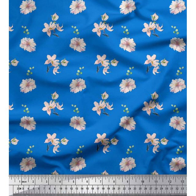 Soimoi Blue Rayon Fabric Leaves & Freesia Floral Print Fabric by the Yard 42 Inch Wide