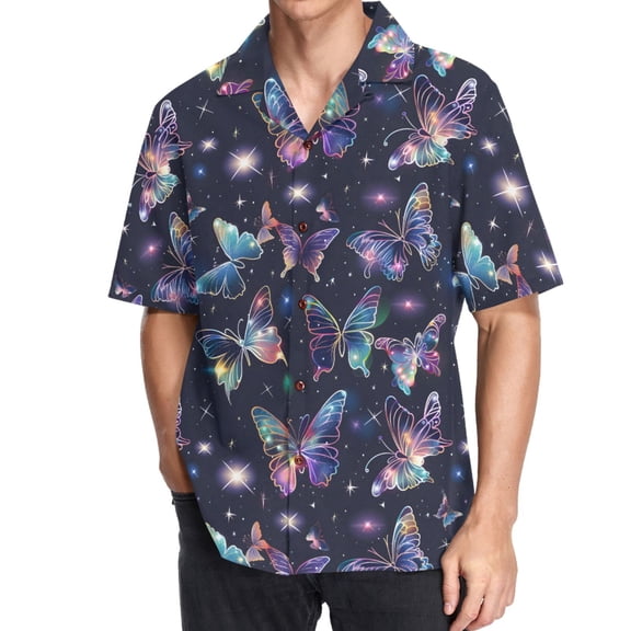 joogoo Men's Hawaiian Shirt Beautiful Butterfly in Shiny Short Sleeve Casual Button Down Shirts M