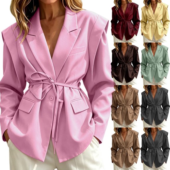 YSUEJPF Womens Dressy Casual Oversized Blazer Long Sleeve Belted Suit Jacket V Neck Cinched Waist Blazer Jackets