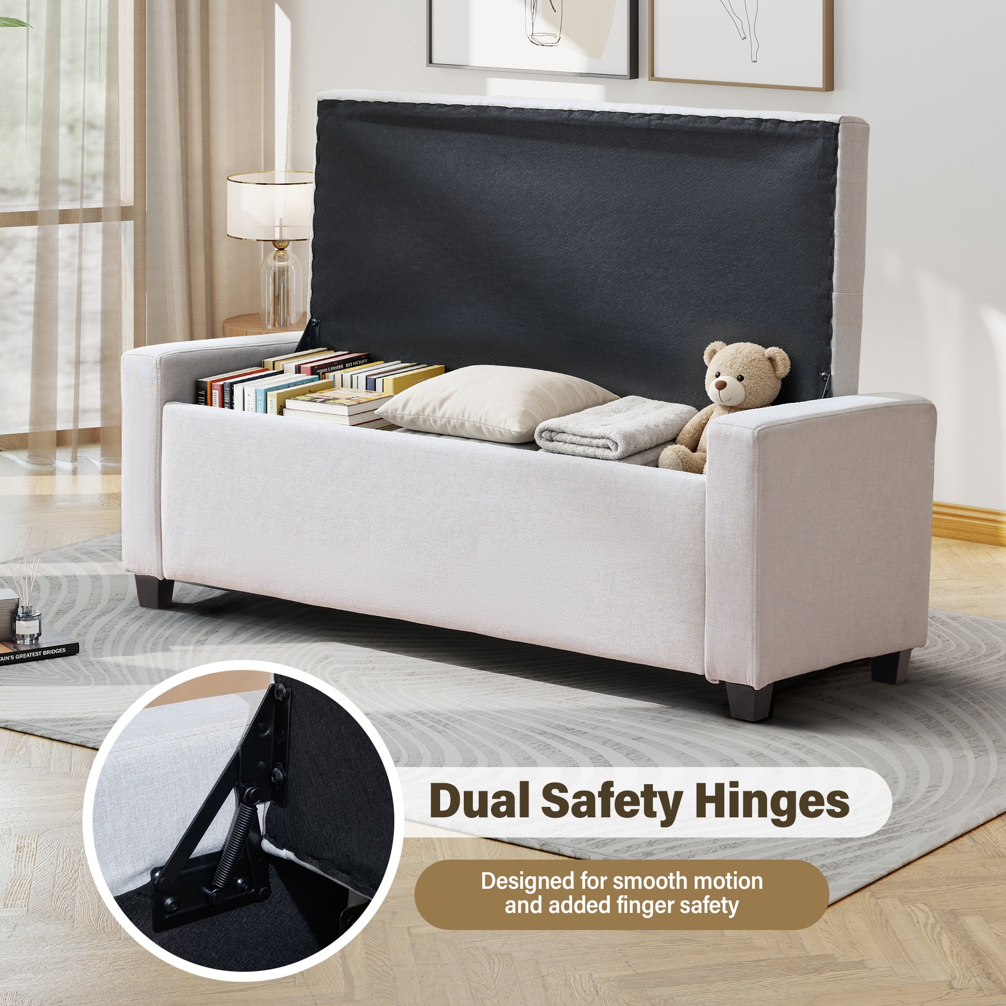 Aukfa 48" Storage Ottoman Bench,Faux Linen End of Bed Bench for Living Room, Bedroom, Entryway,Beige