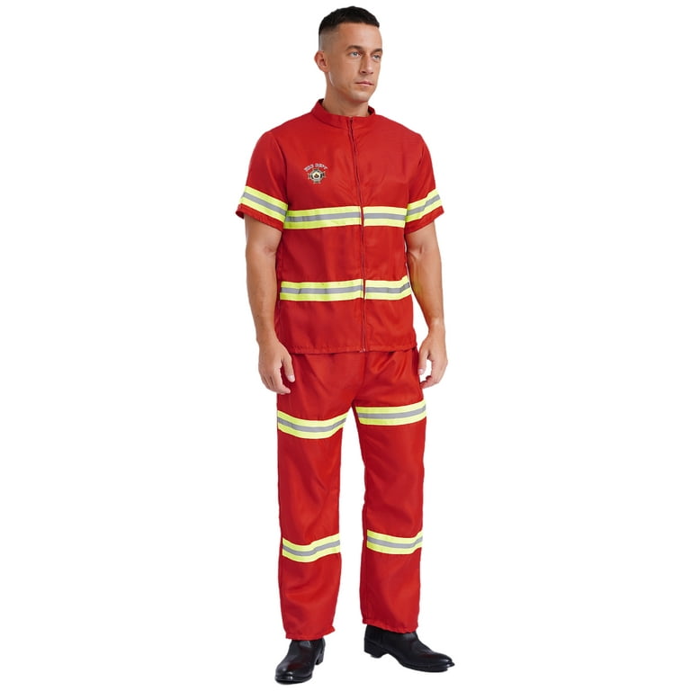Sxiwei Men Firefighter Fireman Costume Set Reflective Stripes Workwear Adult Fancy Cosplay Outfits Red 190