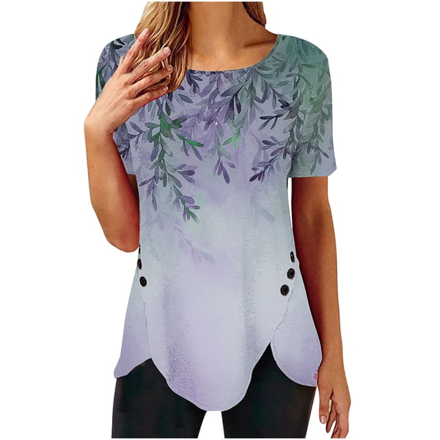 Pompotops T-shirt Ample Imprimé pour Femme, Boutons, Manches Courtes, Blouse à Col Rond, Hauts Décontractés