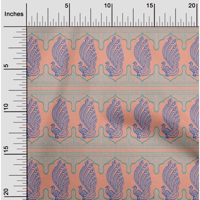 oneOone Cotton Cambric Fabric Peacock Block Printed Craft Fabric BTY 56 Inch Wide
