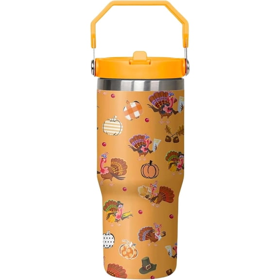 Fall Tumbler with Handle and straw, Thanksgiving Turkey 30oz Pumpkin Turkey Maple Leaves Stainless Steel Insulated Cup, Autumn Coffee Mug Water Bottle