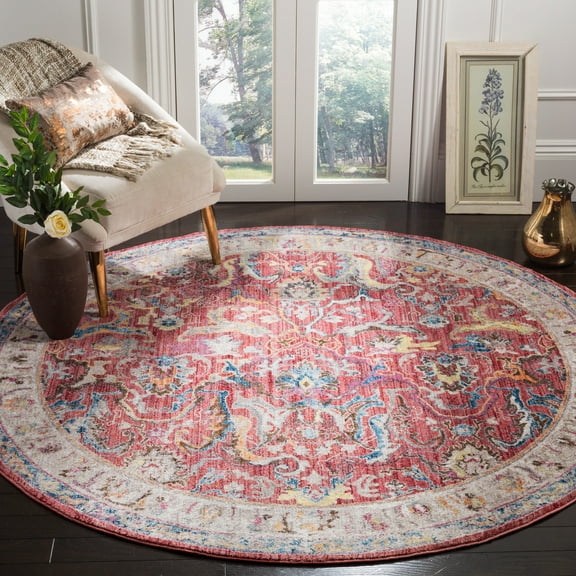 SAFAVIEH Bristol Calvagh Oriental Polyester Area Rug, Rose/Light Gray, 7' x 7' Round