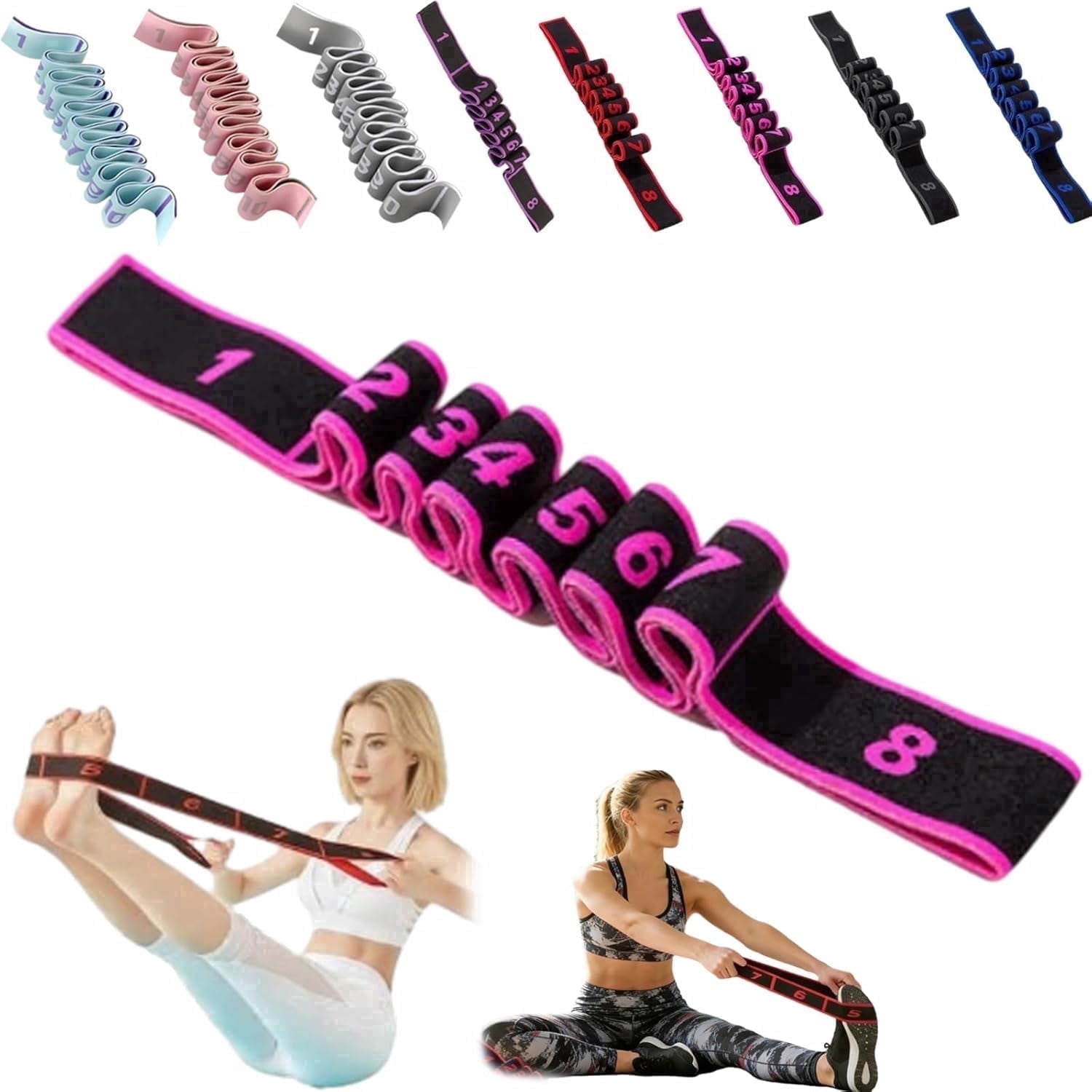 Fitness Resistance Band for Yoga, Pilates and Stretching, 8 Section Elastic Exercise Band with Number Markings, Adjustable Resistance for Workout Training
