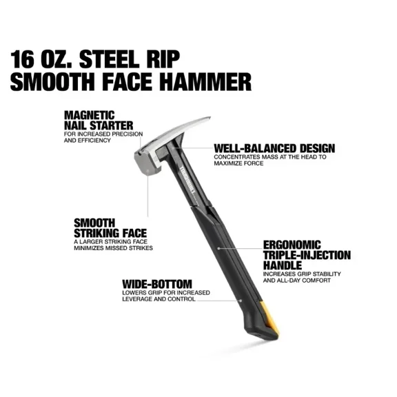 Steel Rip Hammer 16 OZ with Smooth Face Plastic Non-slip Handle Claw Hammer