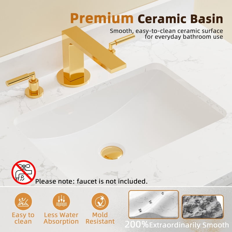 Lacoo 30" White Freestanding Bathroom Vanity with Ceramic Sink, Tilt-Out Drawer & Built-In 4" Backsplash, Gold Hardware Bath Storage Cabinet