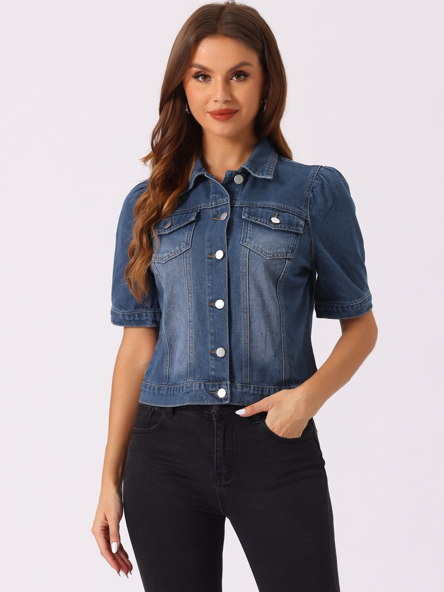 DARING DIVA Women's Short Puff Sleeves Button-Down Denim Jacket M Dark Blue