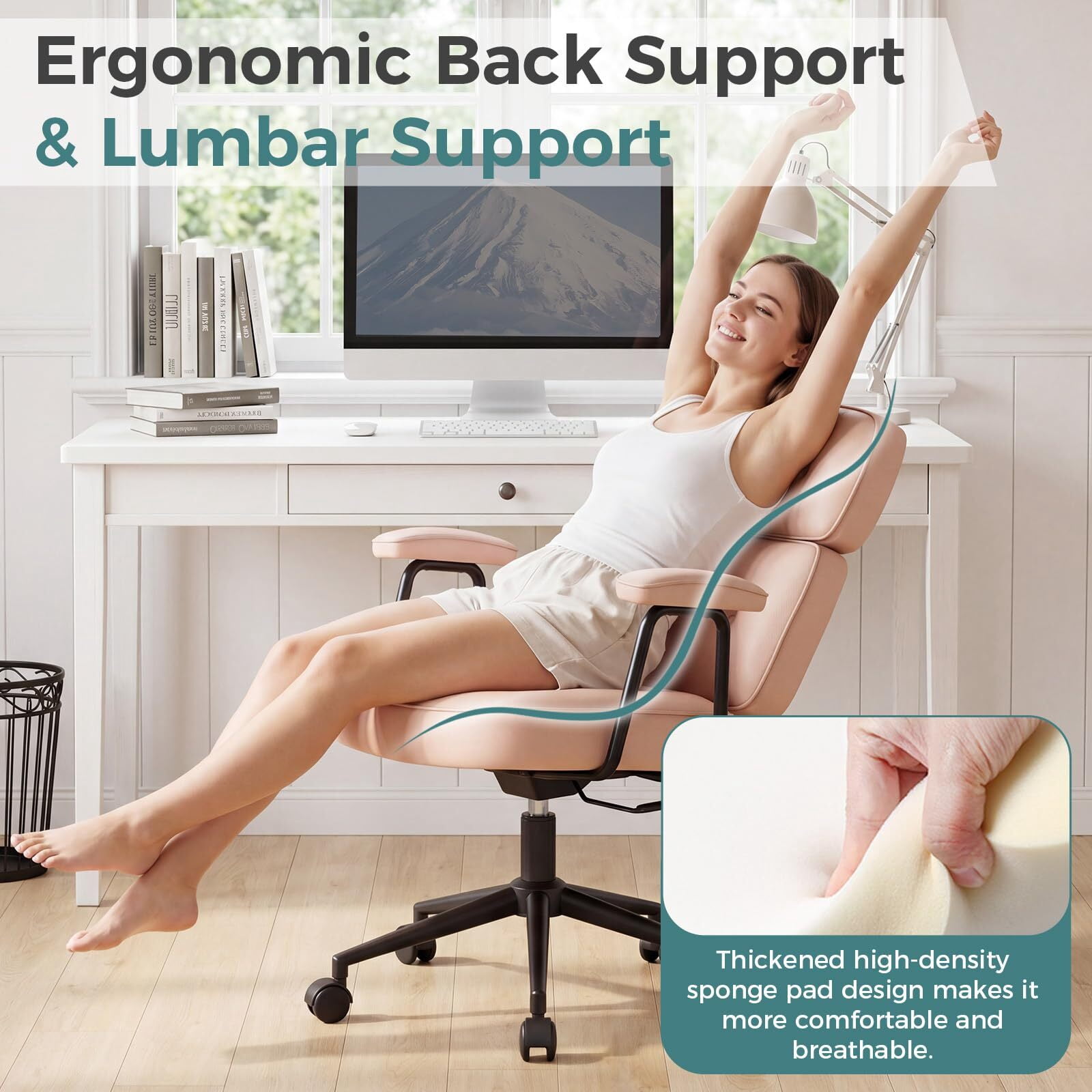 Kelno Ergonomic PU Leather Office Chair 350lbs Capacity High Back Computer Chair with Lumbar Support Adjustable Rolling Swivel Task Chair, Pink