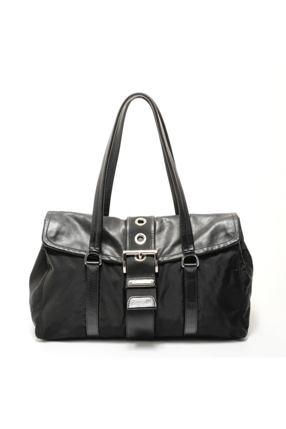 Pre-Owned Prada Nylon Leather Triangle Logo Buckle Shoulder Bag, Black