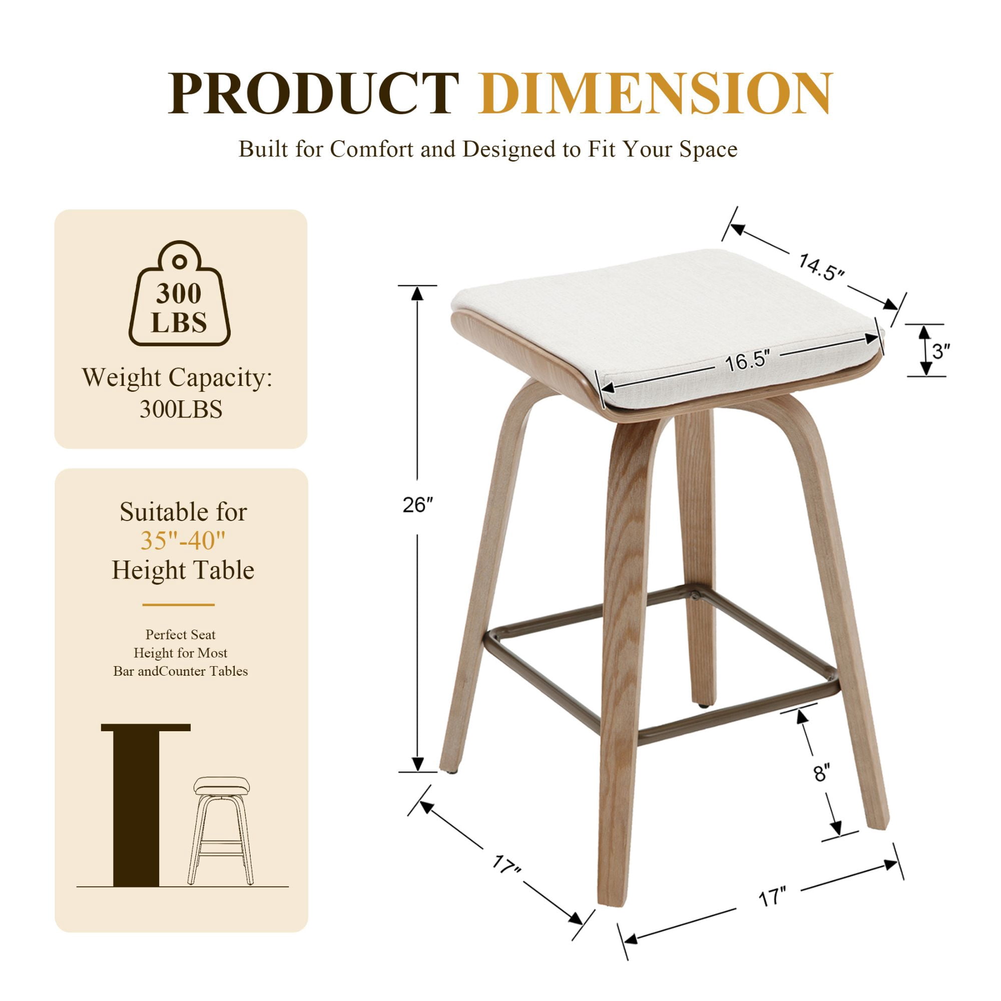 Guyou 26” Swivel Counter Height Bar Stools Without backrest, Upholstered Farmhouse Bar Stools with Footrest for Kitchen Island, Begie-Linen(Set of 2)