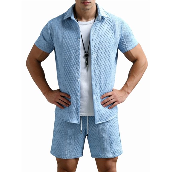 Men'S Waffle Knit 2-Piece Outfit with Button Down Shirt and Shorts for Summer Royal Blue L