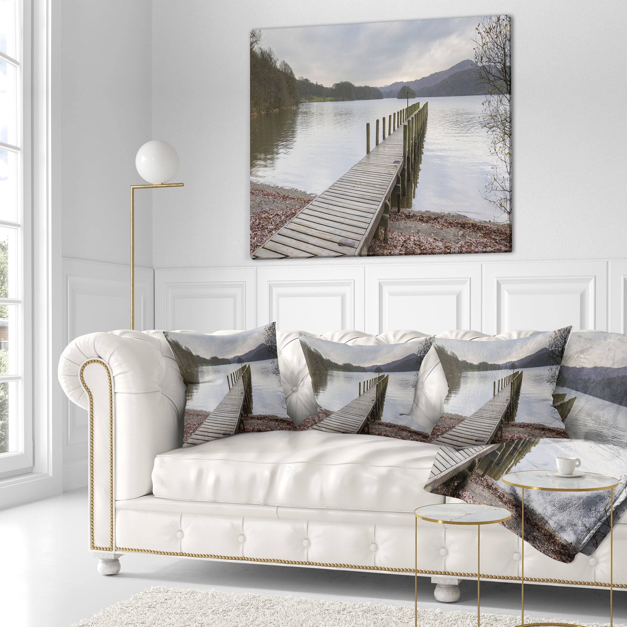 Designart Wooden Jetty on Lake District - Wooden Sea Bridge Throw Pillow - 18x18