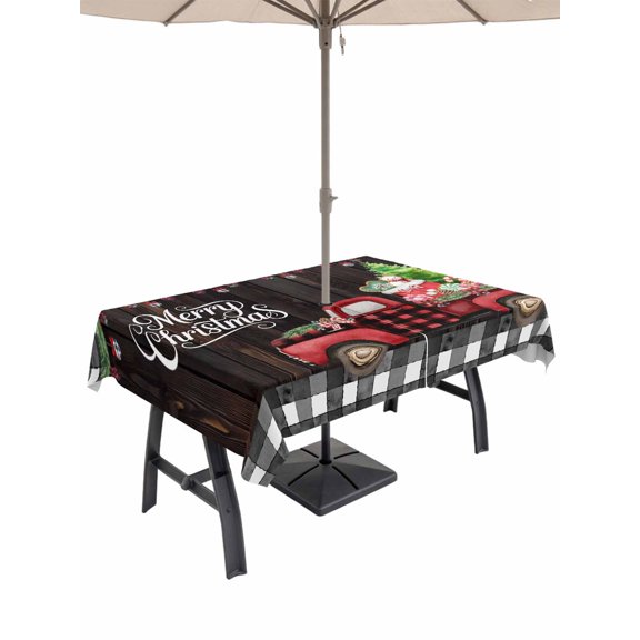 Outdoor Tablecloth with Umbrella Hole and Zipper, Merry Christmas Rectangle Table Cloth 60x120 Inch Waterproof Tablecloth, Xmas Tree Truck Balls Gifts Brown Wood Picnic Table Cover for Patio Camping