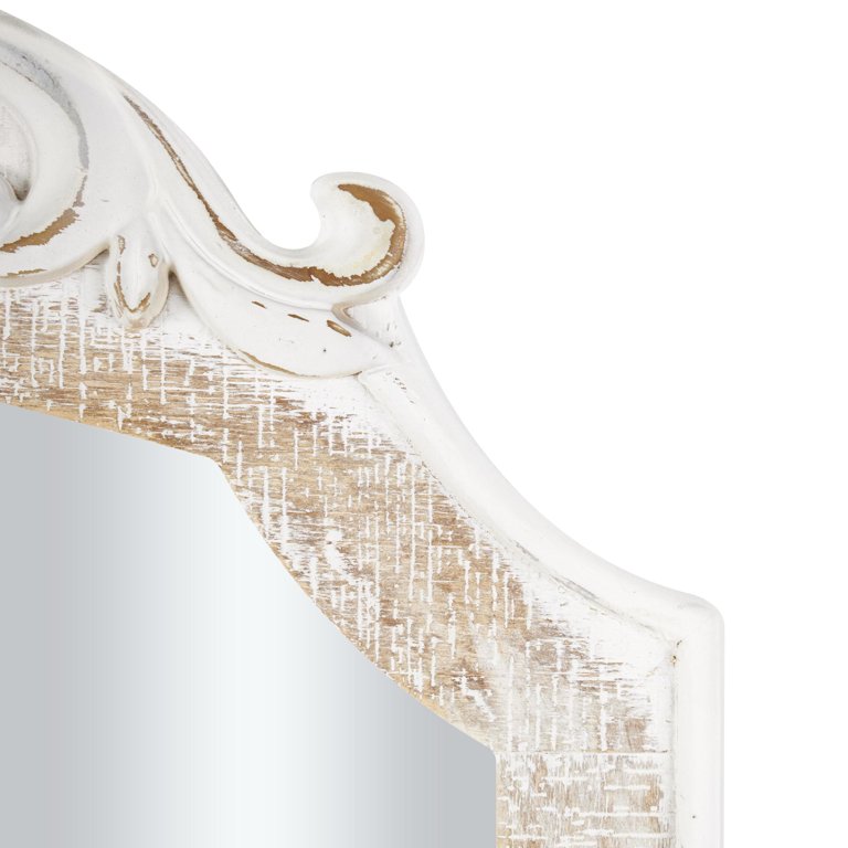 Deco 79 White Arched Wall Mirror – 27 X 35 Inches, Distressed Finish, Scroll Details For Entryway Or Living Room