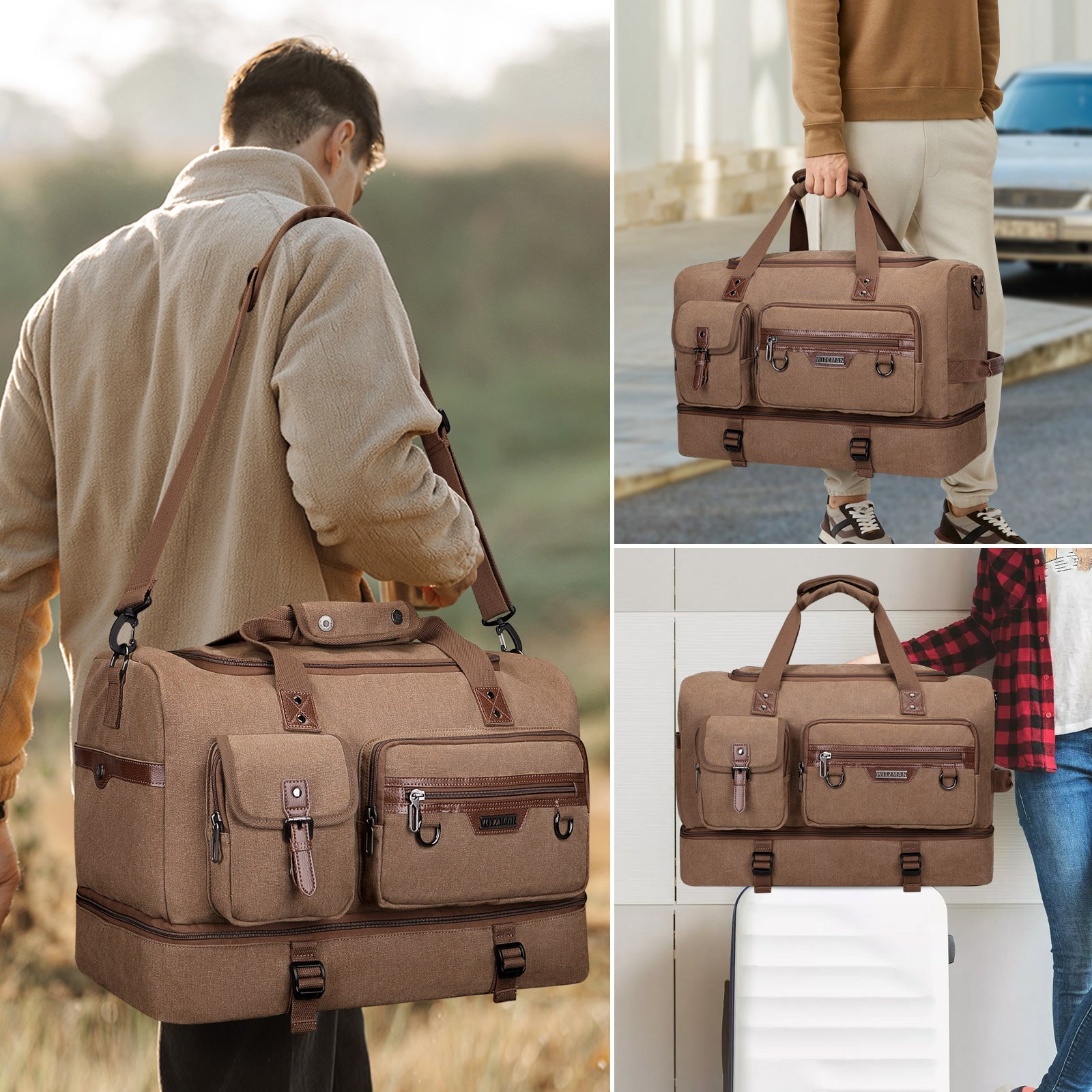 WITZMAN Canvas Weekender Bag Mens Overnight Bag for Traveling Carry on Duffle Bags with Shoes Compartment(A8010 Brown)