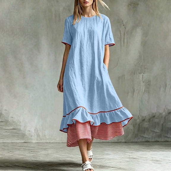 Karymi Maxi Dresses for Women Color Block Midi Dress, Crew Neck Short Sleeve Contrast Red Piping Ruffle Hem Stripe Layer Loose Shift Dress With Side Pockets Summer Dresses for Women 2026