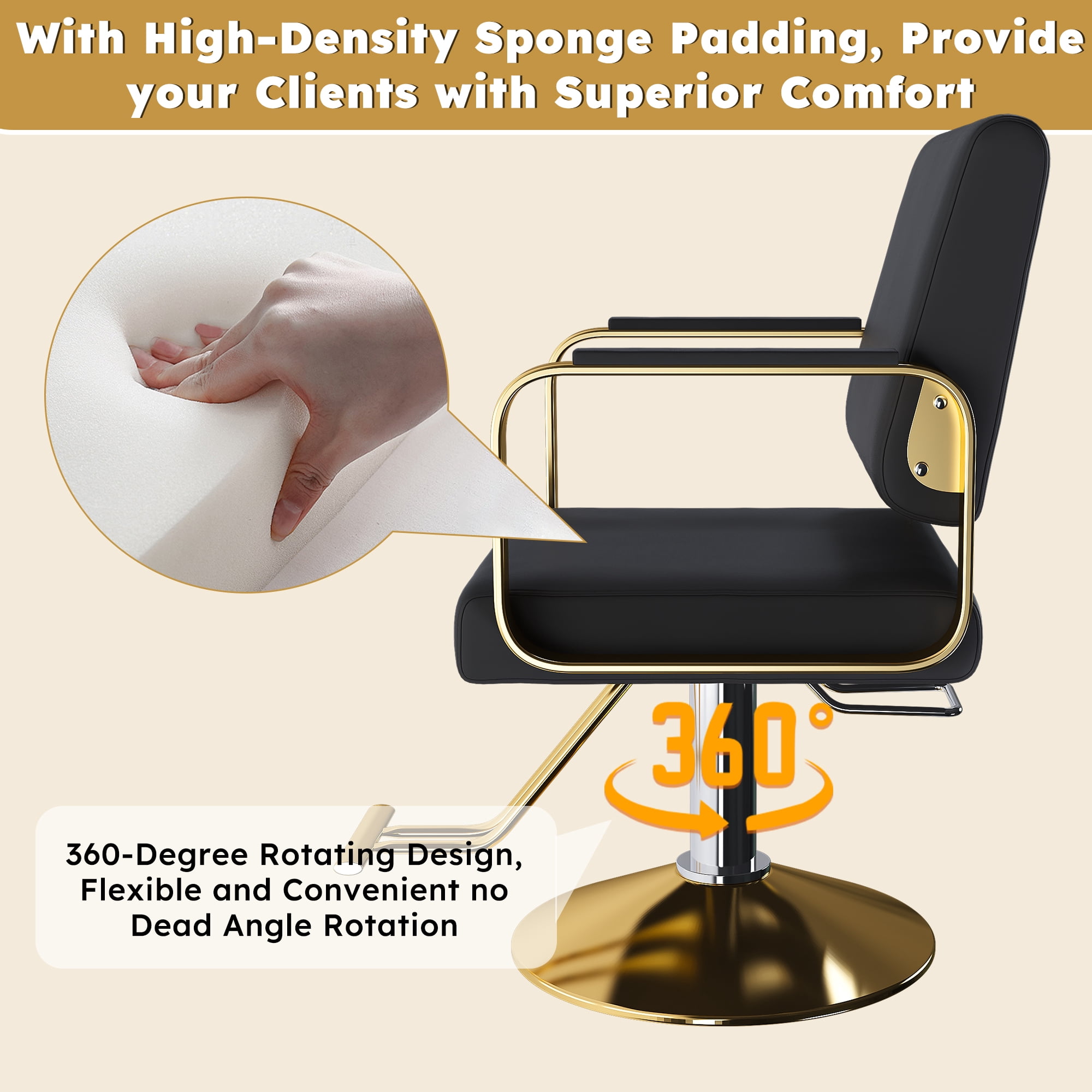 Yoneston 360°Swivel Salon Barber Chair, Rolling Stylist Chair with Heavy Duty Hydraulic Pump, Spa Beauty Equipment for Hair Stylist Women Man, Black+Gold