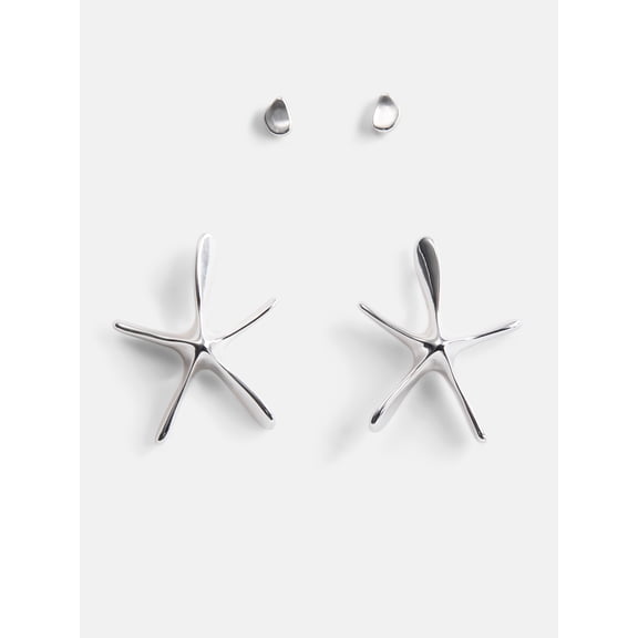 Scoop Women's Starfish Silver Tone Stud Earrings Set