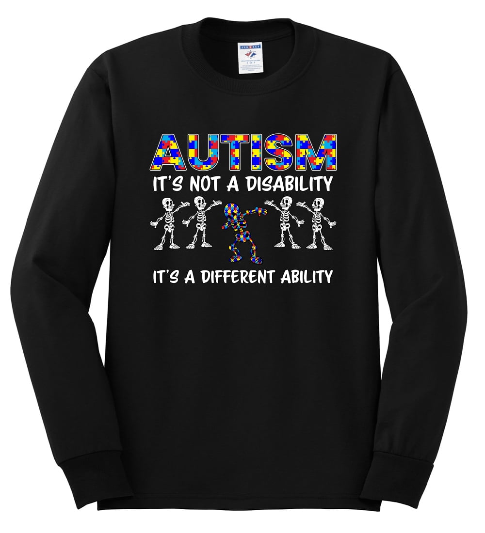 Autism Is Not A Disablity Itâ€™s A Different Abilty | Autism Awareness Dabbing Skeleton Inspirational Christian Mens Long Sleeve Shirt, Black, Medium