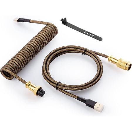 GUNMJO Starlight Coiled USB C Cable for Gaming Keyboard, Double-Sleeved Mechanical Keyboard Cable with Detachable Metal Aviator, 1.5M USB-C to USB-A, Black Color with Gold Aviator Connector
