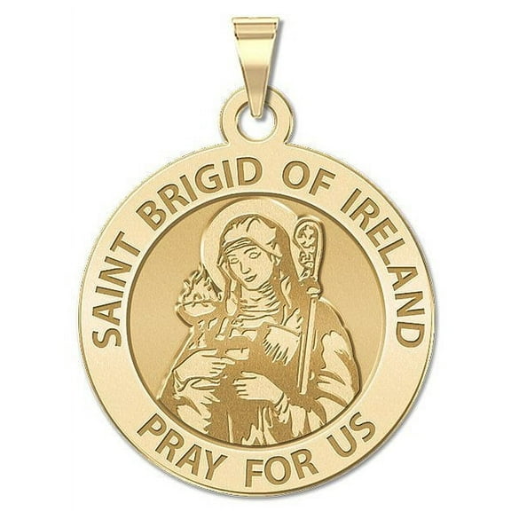 Saint Brigid of Ireland Religious Medal - - 2/3 Inch Size of Dime, Solid 14K Yellow Gold
