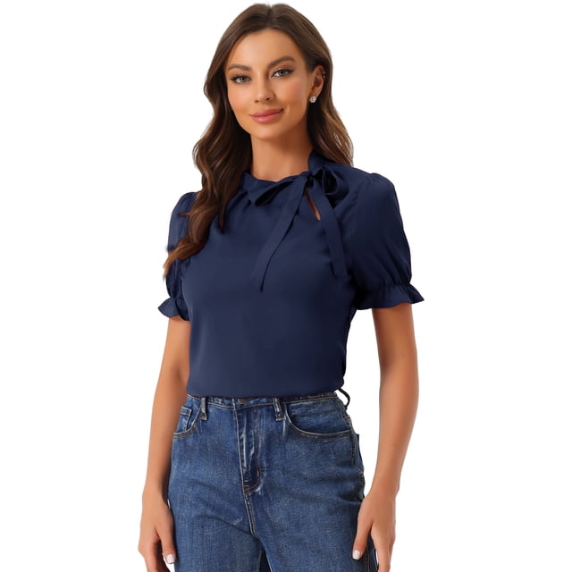 Top Elegante De BluDe ManCorDe OficiDe Las Camisas Del Cuello De PajariDe Las Mujeres Azul Oscuro L