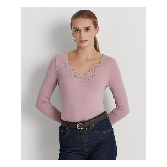 LAUREN RALPH LAUREN Womens Purple Lace 3/4 Sleeve V Neck Top M