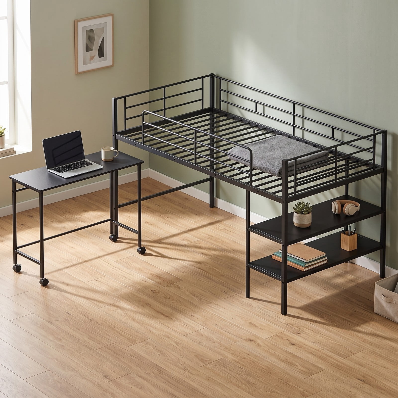 Furnibear Twin Size Loft Bed with Rolling Desk and Bookshelf for Home Office Bedroom, Space-Saving Metal Loft Bed Frame with Ladder, Black