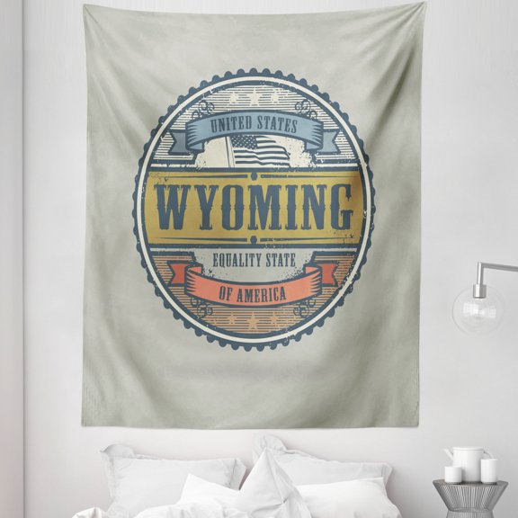 Wyoming Tapestry, Vintage Grunge Stamp Design of United States Equality State of America, Fabric Wall Hanging Decor for Bedroom Living Room Dorm, 5 Sizes, Pale Khaki Multicolor, by Ambesonne