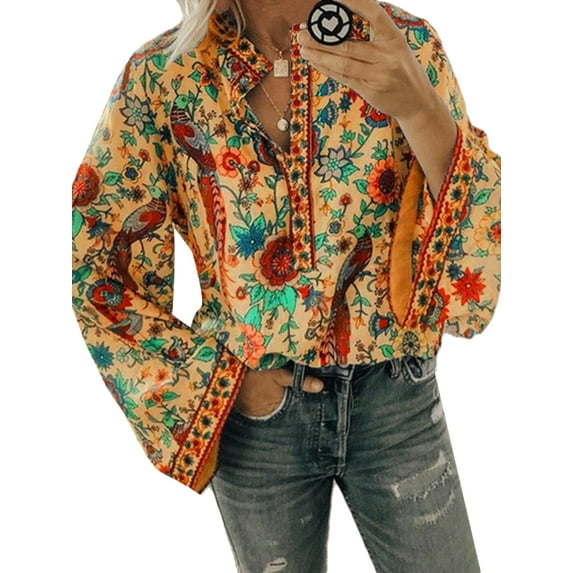 Uhndy Womens Boho Long Sleeve Blouse Floral Print Buttons For Closure Pullover T Shirt Ladies Autumn Casual Loose Kaftan Tops Basic T Shirt Top Plus Size Orange,S