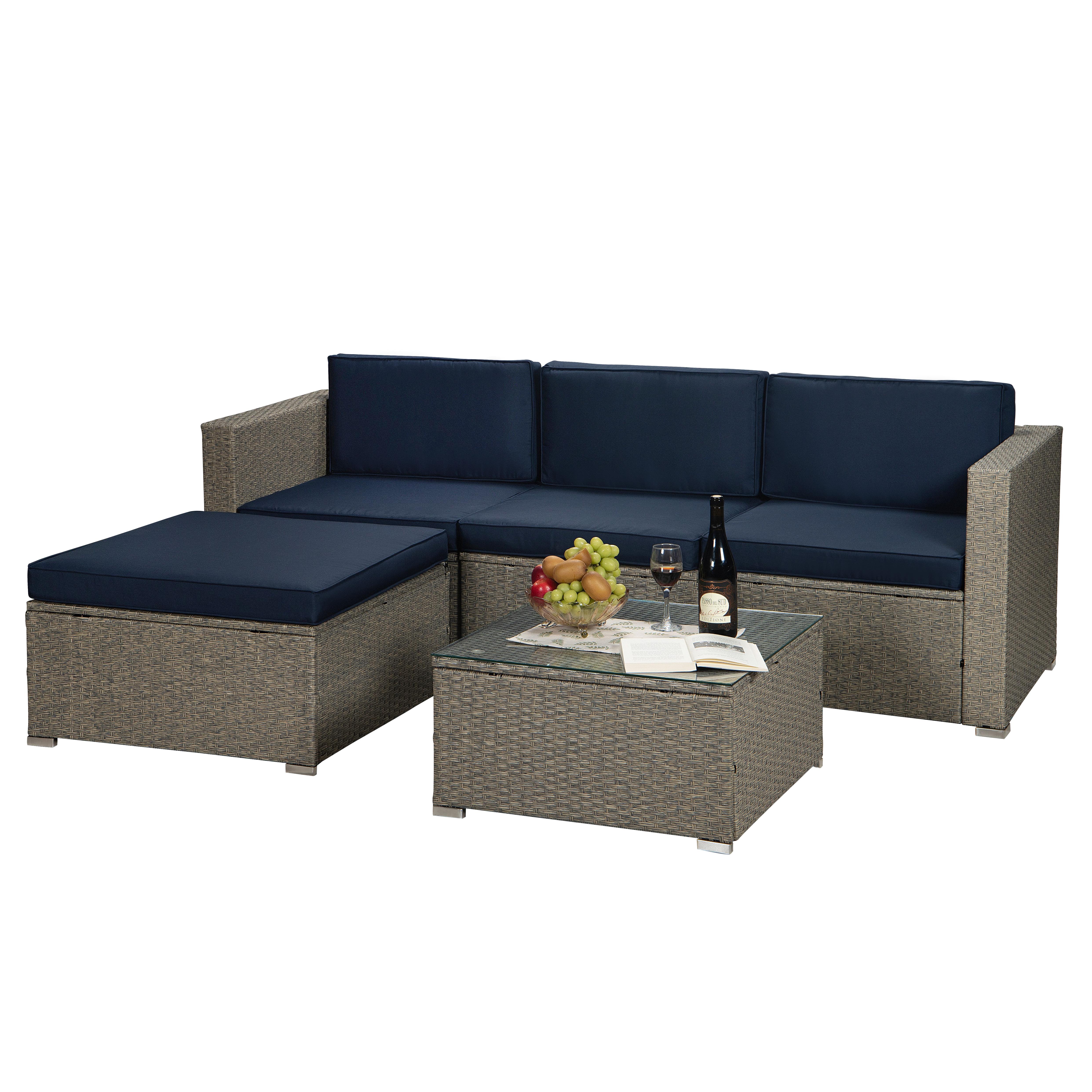 5 Pieces Patio Furniture Sets, iRerts Rattan Wicker Patio Sofa Sectional Set, Deck Furniture Set with Navy Cushion, Ottoman, Glass Table, Outdoor Patio Sofa Sets for Garden, Backyard, Porch, Gray - image 2 of 10