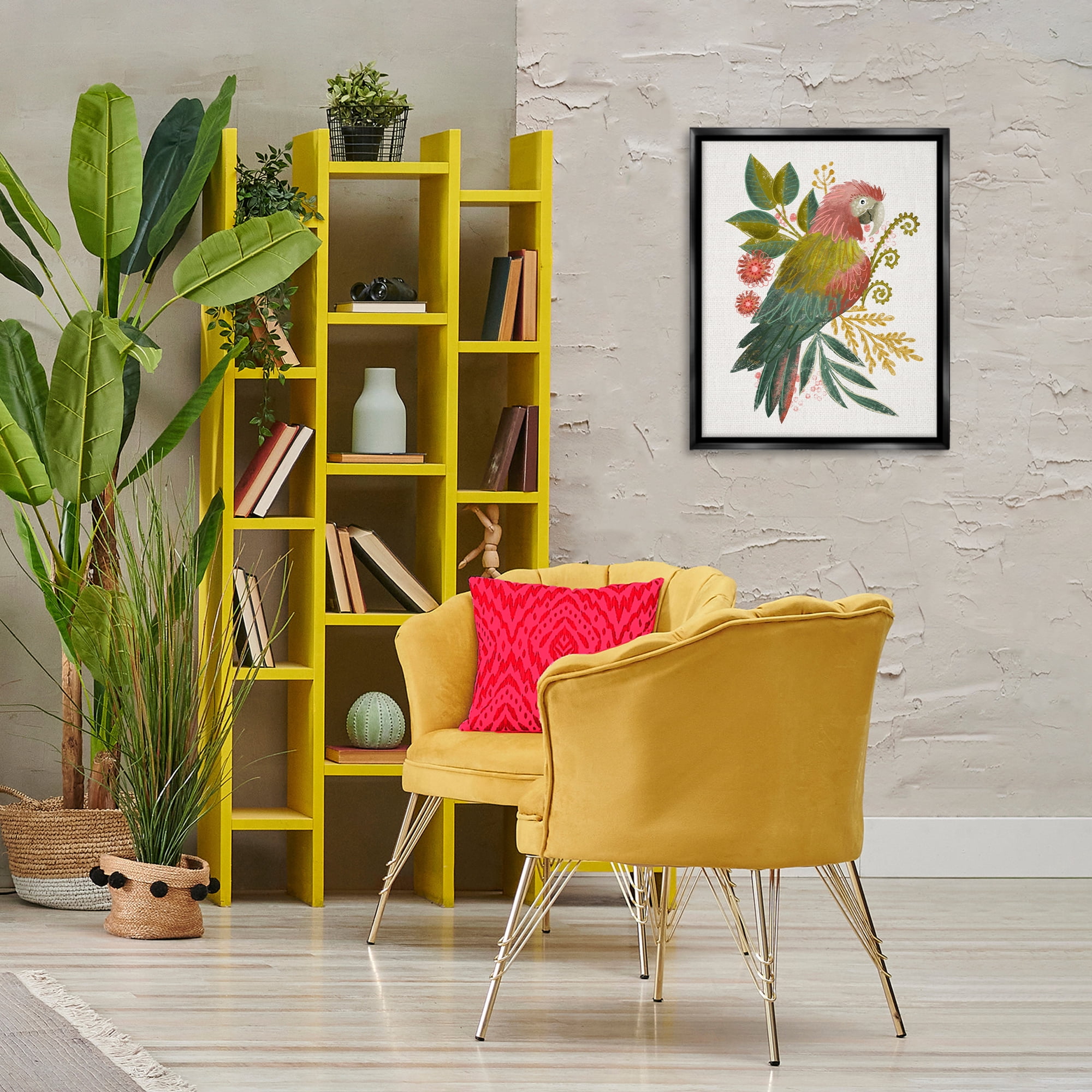 Stupell Industries Parrot with Eclectic Leaves Animals & Insects Painting Black Floater Framed Canvas Art Print Wall Art, 17 x 21
