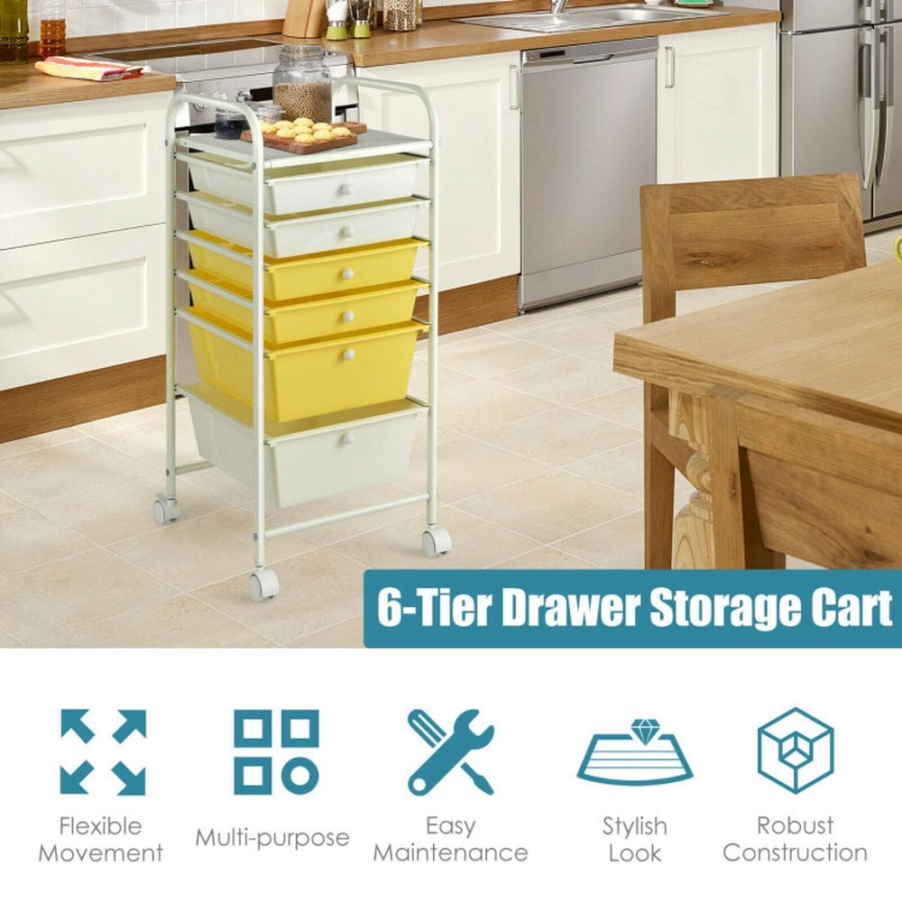 Demi Bonn 6 Drawers Rolling Storage Cart Organizer with 4 Universal Casters, Yellow & Beige