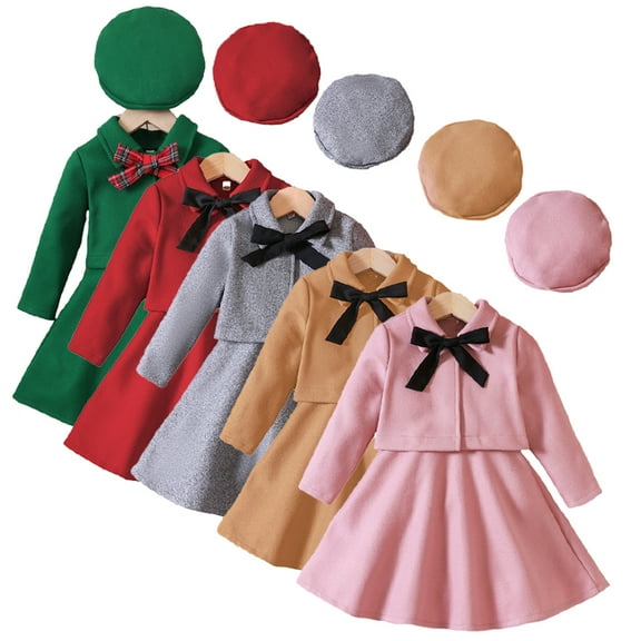 Esaierr 2-7T Girls Suspender Dress 3 Piece Outfits Tweed Bowknot Jacket and Undershirt Dress with Hat Set Autumn Winter for Kids Toddler