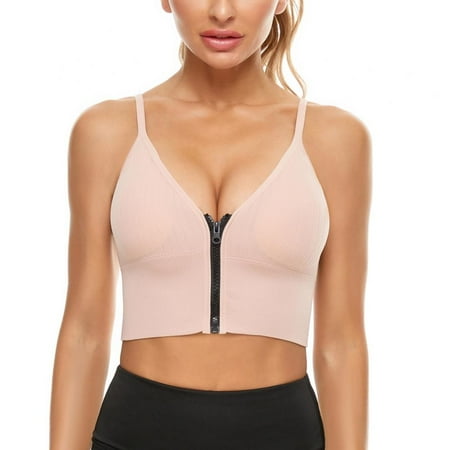 

Jolly Women s Zip Front Push Up Bra Ribbed Crop Top Workout Yoga Sports Bra With Removable Pads
