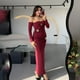 thumbnail image 4 of Gathered Long Sleeve One Shoulder Dress High Waist Pleated Bodycon Long Skirt Sexy Solid Color Milk Silk, 4 of 4