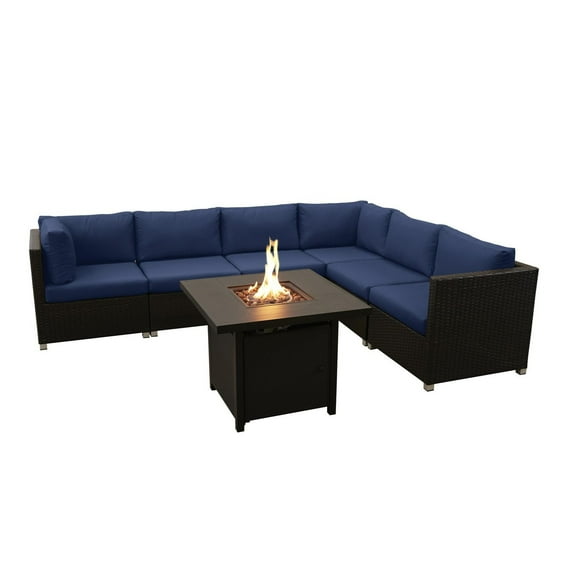 Innesbrook Collection 7-Piece Aluminum Patio Conversation Set with Navy Cushions and Square Fire Table