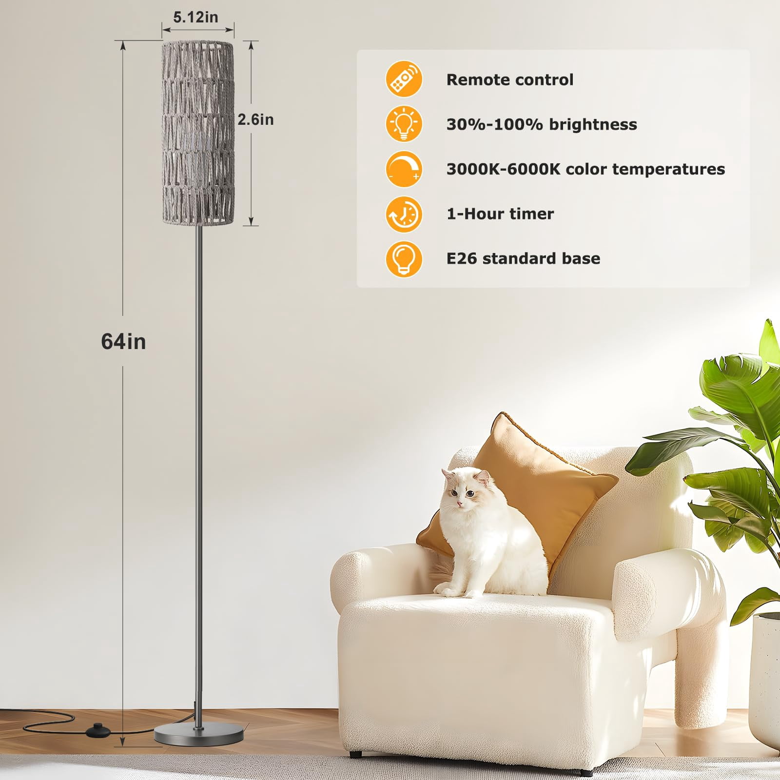 64.57 Inches Grey & Grey Rattan Floor Lamp For Living Room Boho Standing Lighting