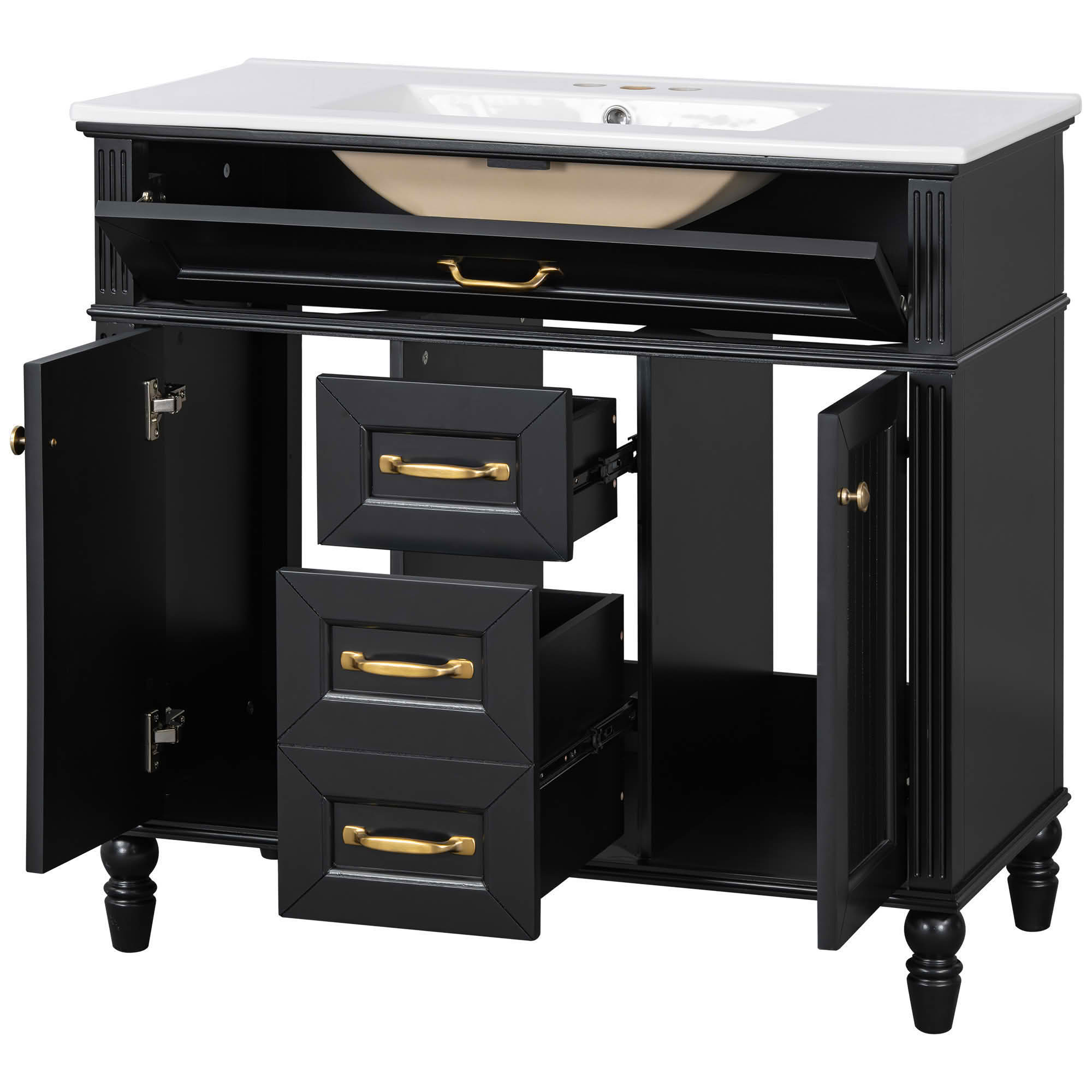 MAYEERTY 36" Bathroom Vanity with Sink Black Freestanding Ceramic Basin MDF Solid Wood Flip-Out Drawer Soft Close Doors Golden Handles
