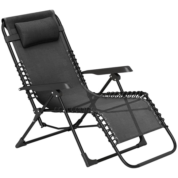 Folding Zero Gravity Outdoor Lounge Chair, 5-Position Adjustable Recliner with Removable Pillow, Breathable Texteline Mesh & Steel Frame, Black, for Patio, Garden & Beach
